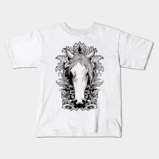 White Horse In Floral Victorian (Black) Kids T-Shirt